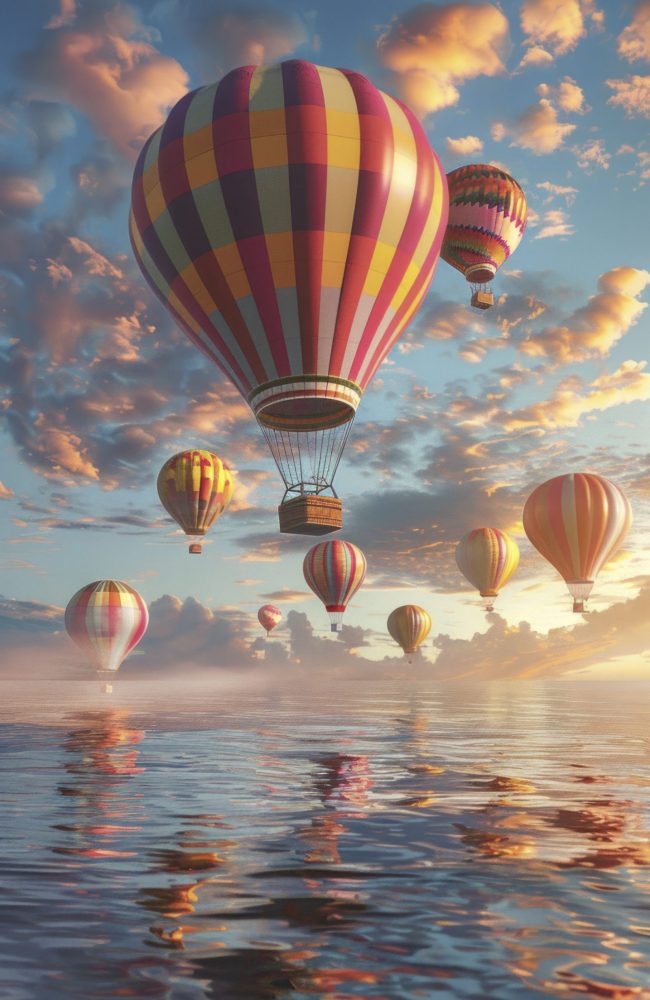 hot-air-balloon-realistic-dreamscape Colorful Balloons over Misty Ocean: A group of striped hot air balloons in various colors soar over a vast ocean covered in morning mist, with the sun's first light casting a golden glow on the scene. Realistic and cinematic. Award winning photography. Advertising photography. Commercial photography, --chaos 12 --ar 9:16 --stylize 150 Job ID: 2b087947-edee-44bc-a3d3-57022d358c70